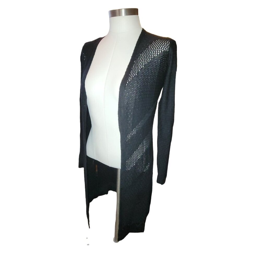 Womans Black Duster Hooked Up Open Knit Cardigan Sweater Size Small jj3597